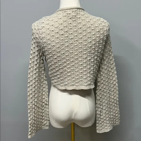 Hippie Rose Open Knit Crochet Top Tan Flare Sleeve Boho Cottagecore Coquette Festival Medium - Image 2