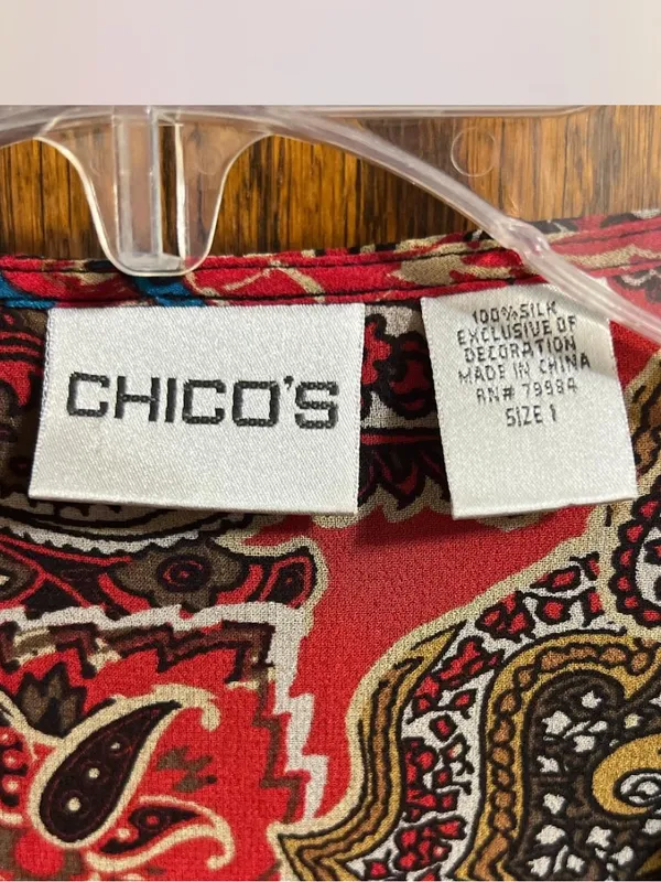 Vtg Y2K Chico’s Paisley Beaded Embellished Silk Blouse V-Neck Long Sleeve Red 1 - Image 7
