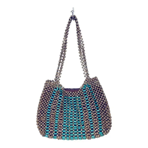 Vintage 80’s Wooden Beaded Purse Turquoise & Natural Wood Handbag Boho - Image 3