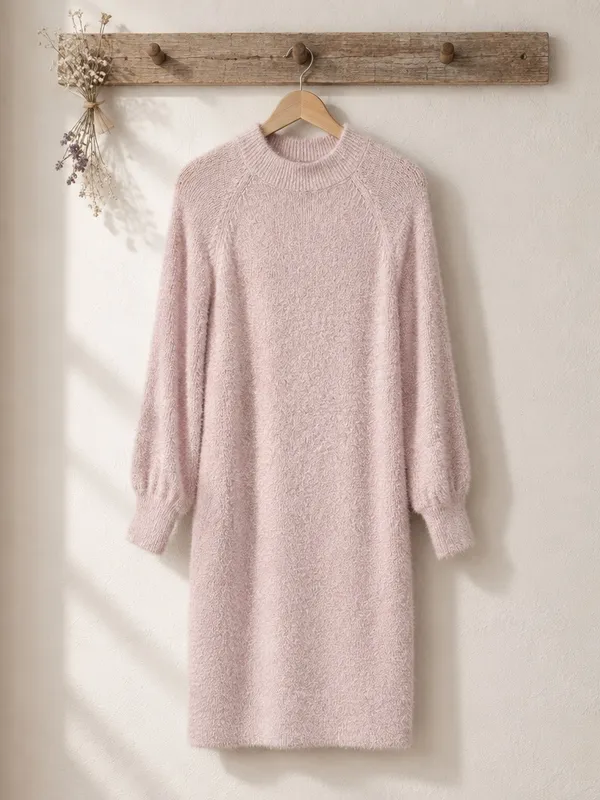 Blush Pink Plush Balloon-Sleeve Mini Dress - Image 3