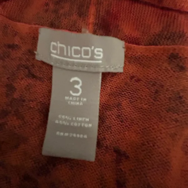 Chico's Vibrant Abstract Orange Linen Blend Open Cardigan - Image 5