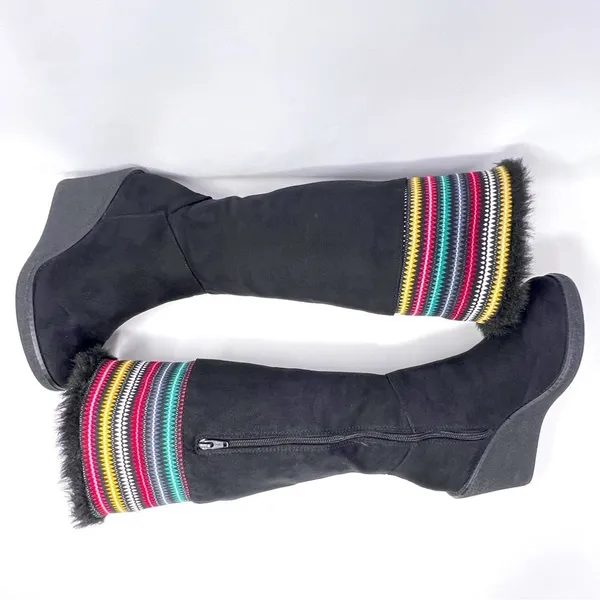 Canyon River Blues Harper Black Rainbow Knit Faux Fur Trim Tall Wedge Boots 8 - Image 2