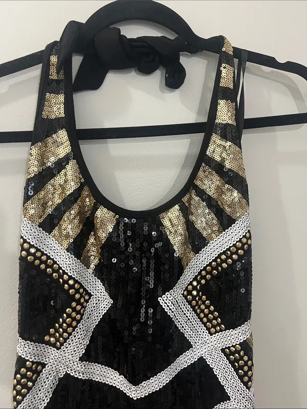 2B Bebe Black and Gold Sequin Halter Top - Image 2