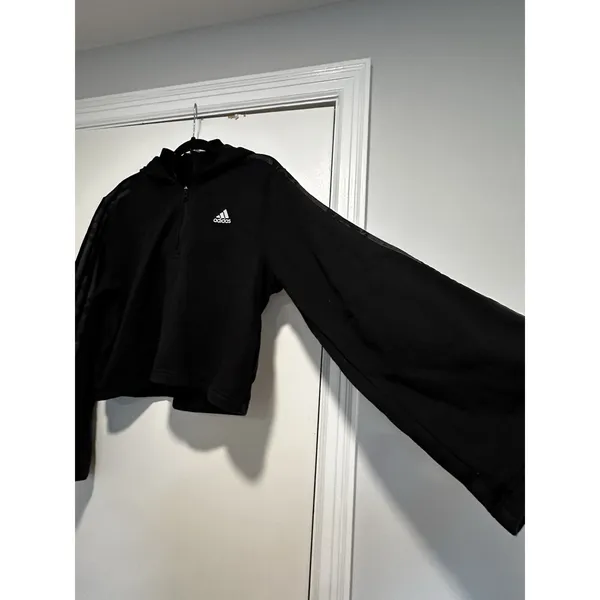 Adidas Athleisure Cropped Quarter Zip Hoodie Sz:M Black Camo Stripe Pullover - Image 13