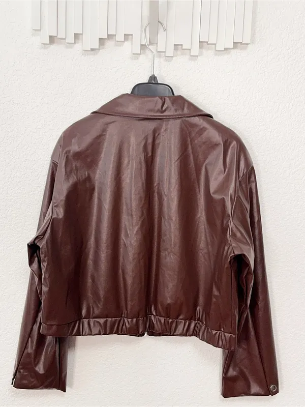 Amazon Brown Faux Leather Collared Zip Front Cropped Bomber Jacket - Image 7