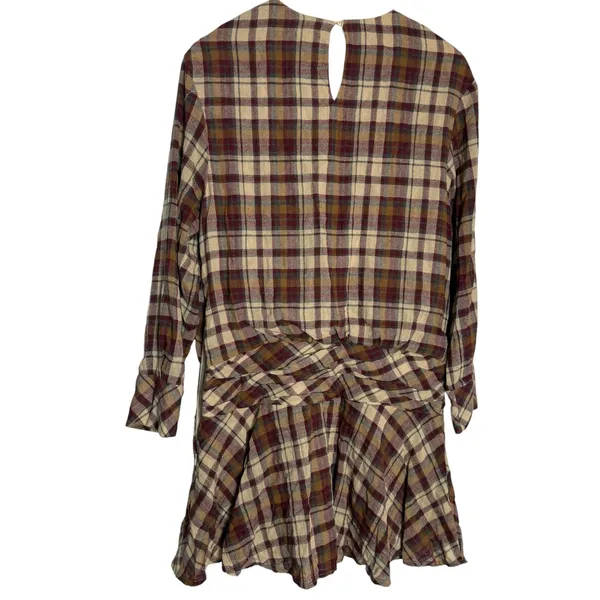 Zara Ecru Maroon Plaid Long Sleeve Ruched Flounce Flare Blogger Mini Dress Small - Image 8
