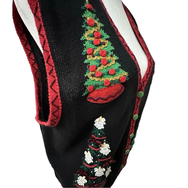VINTAGE Ugly Christmas Tree Sweater Vest Lrg Holiday Grandma CottageCore Novelty - Image 3