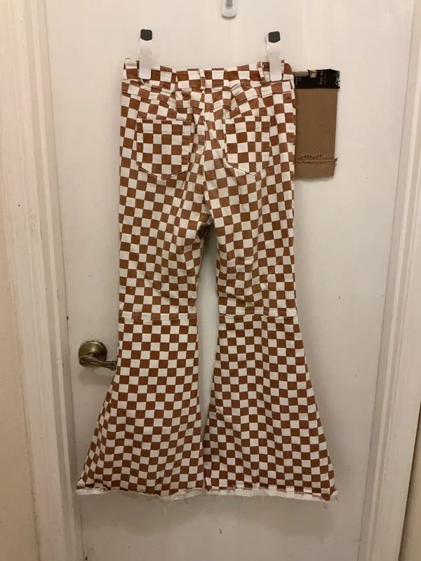 Blue B Collection Size L Brown and White Checkered Flare Pants - Image 3