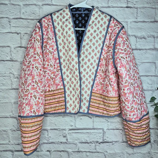 Reversible Quilted Jacket Floral Paisley Patchwork Cropped Boho Cottagecore L XL - Image 3