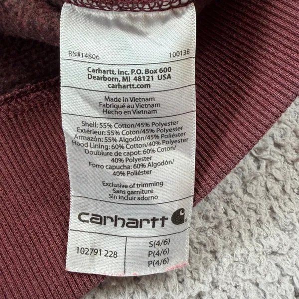 Carhartt Womens Relaxed Fit Hoodie Burgundy Sleeve Logo Sweatshirt 102791 S 4-6 - Image 5