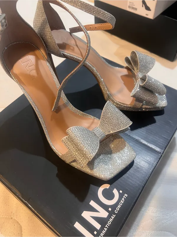 INC International Concepts Silver Glitter Bow Ankle-Strap Heels - Image 2
