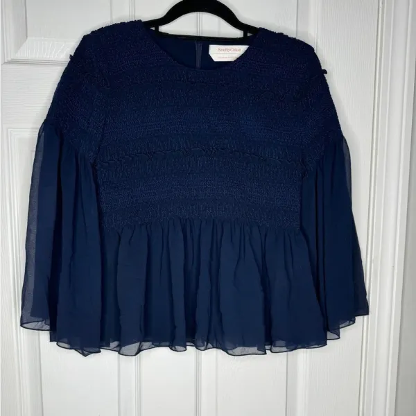 SEE BY CHLOÉ Bateau Neckline Three-Quarter Sleeve Crop‎ Top Size 38 US 8 Navy - Image 2