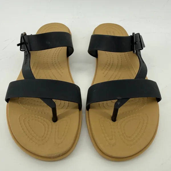 Crocs Tulum Toe Post Sandal Black Tan Women 6 Strappy Slip On Flip Flop Buckle - Image 2