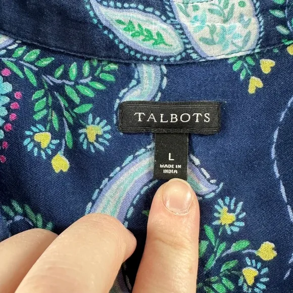 Talbots Navy Blue Paisley Floral Button Down Shirt‎ 100% Cotton Long Sleeve - Image 3
