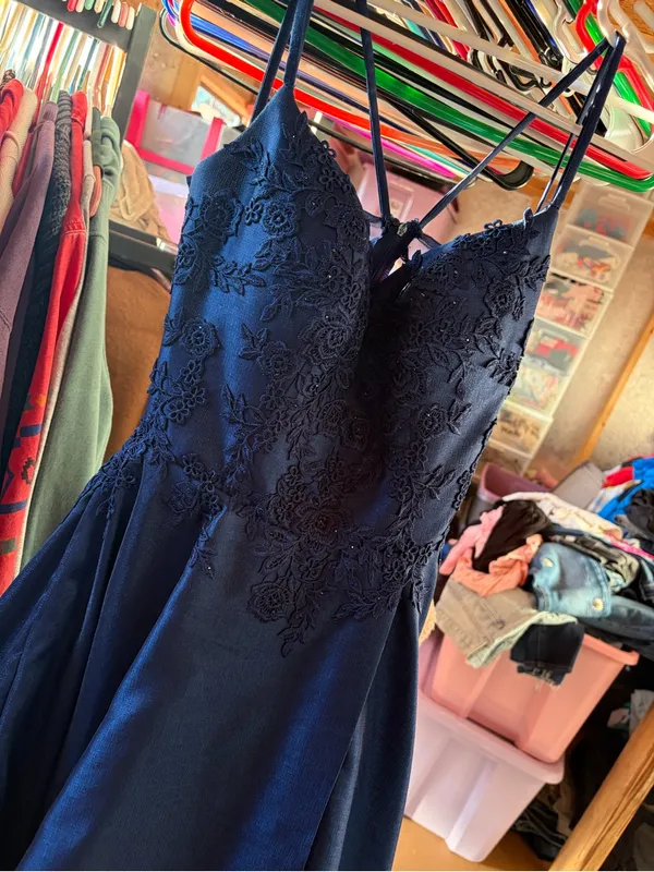 La Femme Navy Lace Bodice A-Line Train Prom Gown - Image 3