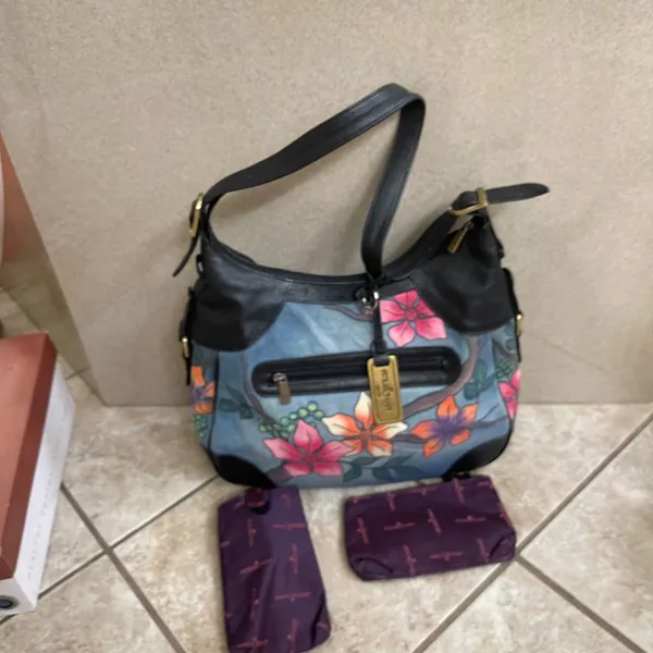 Anuschka Hand Painted Leather Hobo Bag Blue Tropical Bird Floral coin&cell case - Image 2