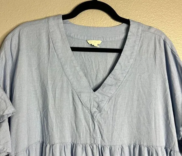 Cato Flowy Tiered Flutter Sleeve Top Light Blue V-Neck Longline Linen Blend XL - Image 3