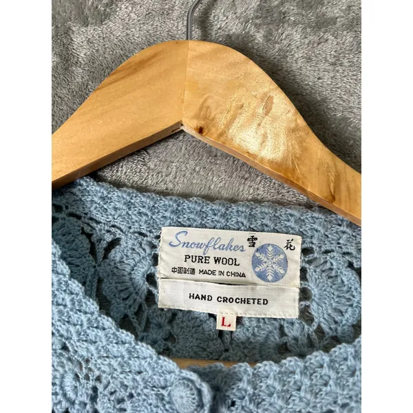 Vintage Hand Crocheted Wool Cardigan Blue Cottagecore Boho‎ Grannycore Dainty LG - Image 4