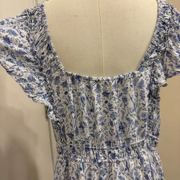 Baltic Born Crete Midi Dress Blue White Floral Toile Ruffle Tiered XL Cottage‎ - Image 9