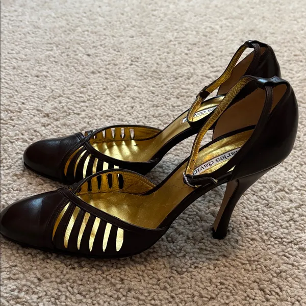 Charles David Dark Brown Stiletto Heels, Caged Design OnToe And Ankle Strap. - Image 5