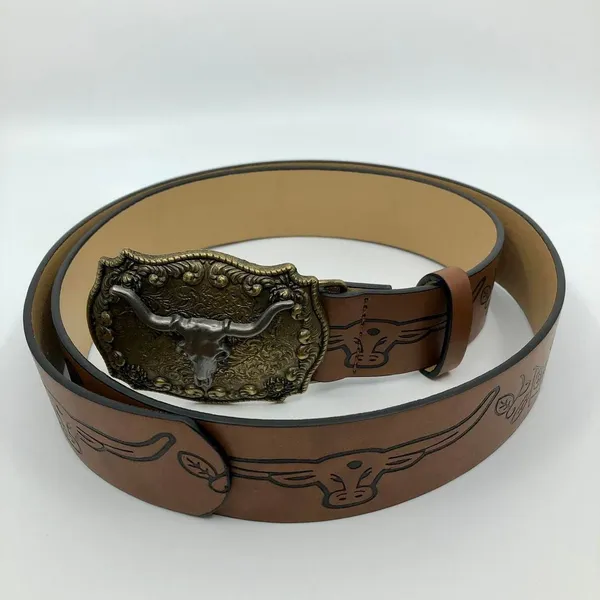 Women's Western Brown Belt w/ Big Longhorn Buckle, 31.5–40.5 Inches, X7G9A796 - Image 4