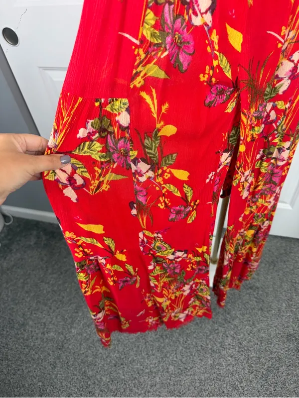 Free People Red Floral Wide Leg Pants Size M Boho High Rise Rayon - Image 11