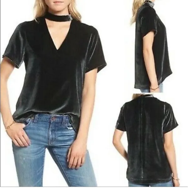 Madewell Velvet Choker V Neck Short Sleeve‎ Top Women Size S Black - Image 2