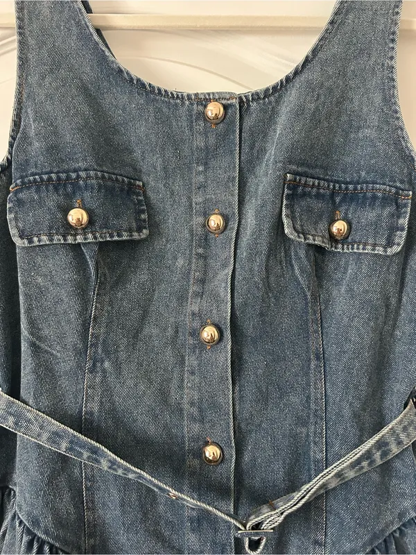 Vici Jamali Belted Denim Sleeveless Button Down Mini Dress Medium Wash - Image 3