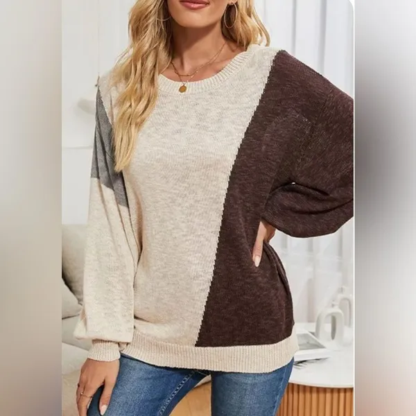 Jhon Peters cream brown and gray color block sweater size large - Image 2