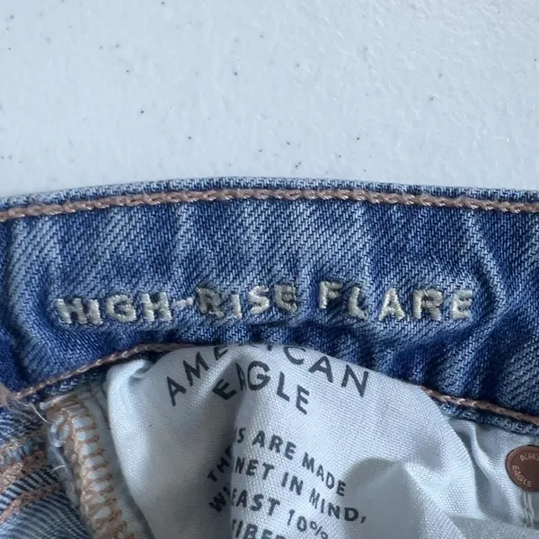 American Eagle High Rise Flare Solid Jeans Blue Retro Boho Stretch Size 000 - Image 6