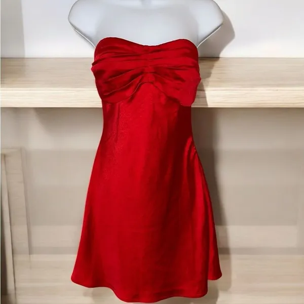 MORE TO COME Paloma Strapless Mini Dress Red Satin Ruched RuffleRevolve Medium - Image 4