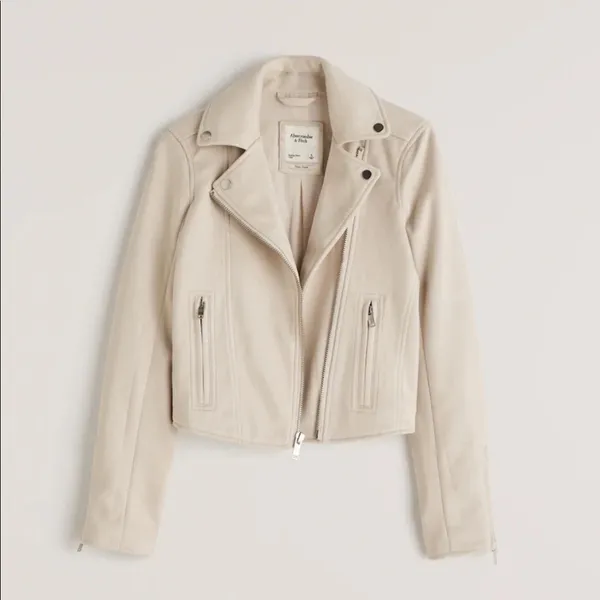 NWT!! ABERCROMBIE & FITCH Vegan Suede Moto Jacket Vegan Cropped Pale Gray Medium - Image 4
