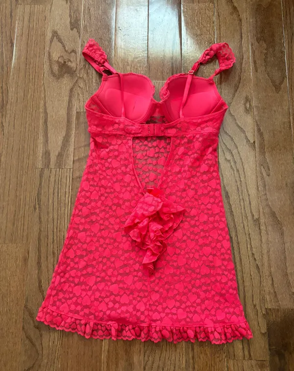 Y2k Victoria’s Secret hot pink mesh heart print lace padded chemise slip - Image 5