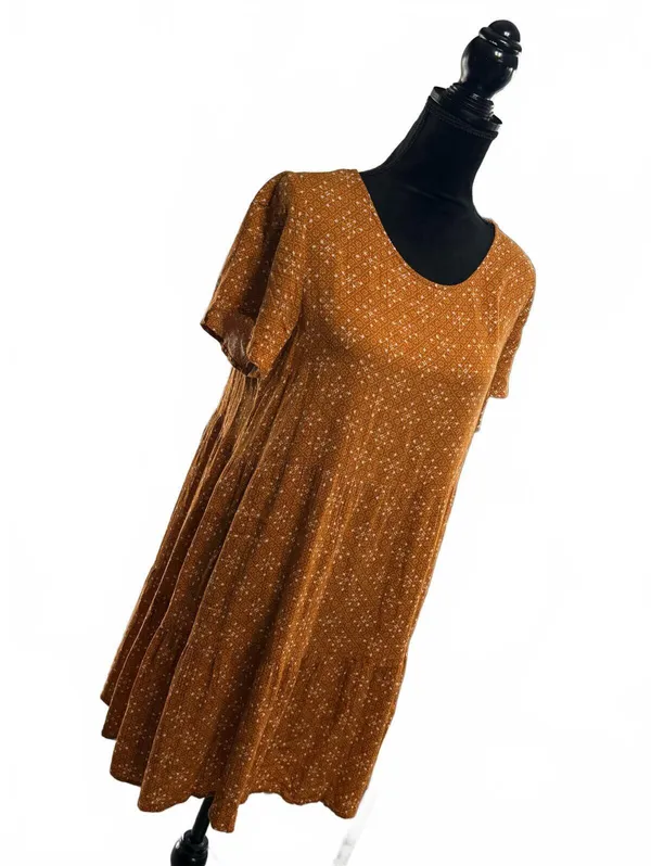 Forever 21 Mustard Yellow Floral Tiered Mini Dress Boho Cottagecore sz Large - Image 2