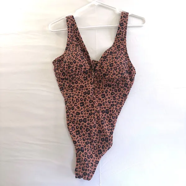 Shade & Shore Leopard‎ Print One Piece Swimsuit V-Neck Keyhole Brown Small 4-6 - Image 2
