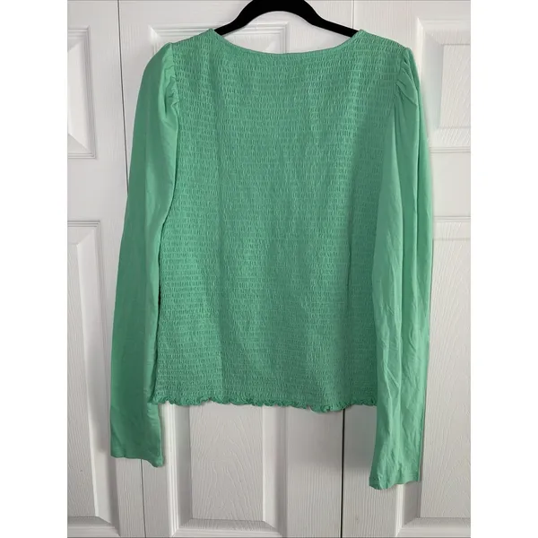 Gap Smocked Button Front Top Womens Size L Tall Green Puff Sleeve Cotton Modal - Image 5