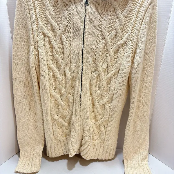 Vtg Old Navy Cable Knit Sweater Zip Up Faux Fur Collar Cream Beige Y2K XL - Image 3