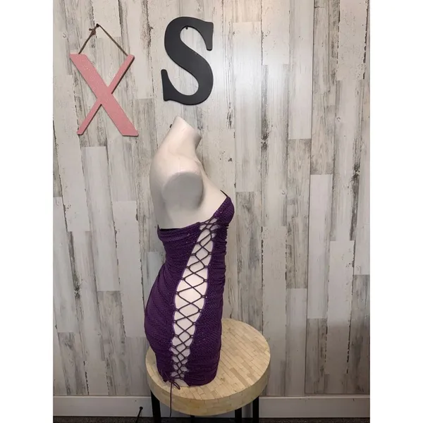 Purple Sequin Bodycon Mini Dress XS Strapless Lace Up Side Party Club - Image 2