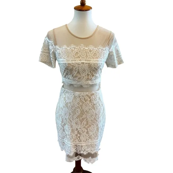 White Lace Mini Dress Mesh Illusion Sheer Small - Image 2