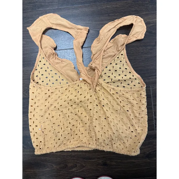Free People Eyelet Ruffle Halter Crop Top‎ - Mustard Yellow / Tan (Size XS) - Image 3