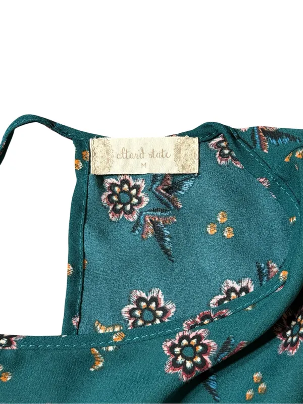 Altar'd State Teal Floral Boho Bell Sleeve Babydoll Peasant Top Medium - Image 2