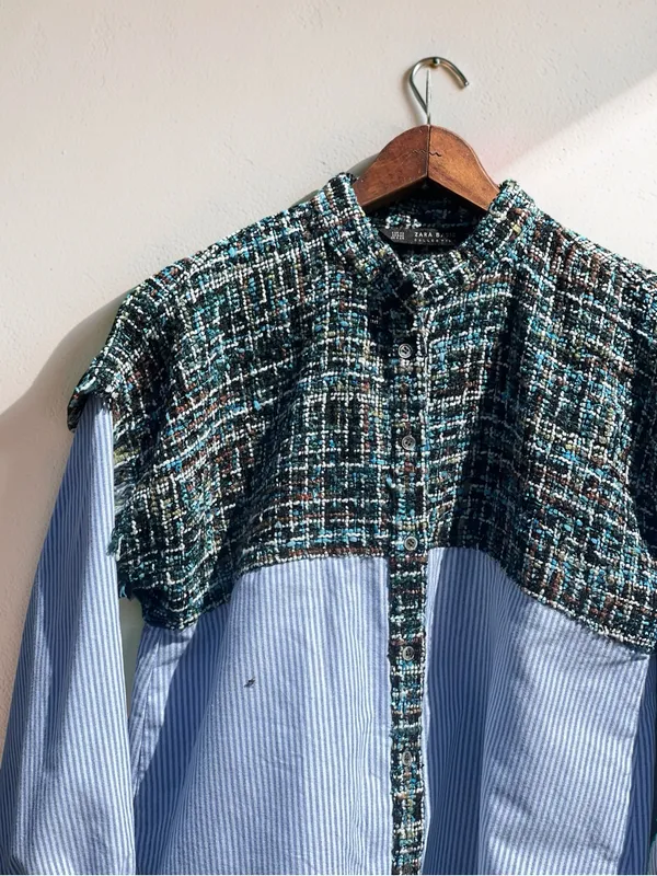 Zara Basic Collection Tweed Pinstripe Button-Down Shirt Size M - Image 8