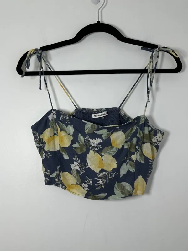 Abercrombie & Fitch Size Medium Blue Linen-Blend Crop Top Lemon Print Boho - Image 3