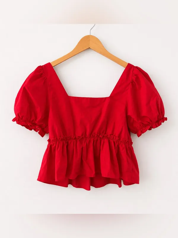 Anthropologie Coquette Puff Sleeve Babydoll Peplum Top Red Cottagecore Medium Feminine Whimsy - Image 2
