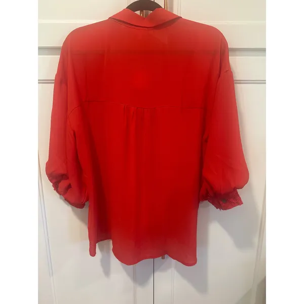 ODDI Red Blouse Top Size M Button Down Long Bishop Sleeve Crochet Trim - Image 5