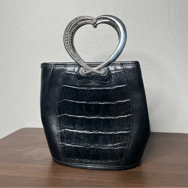 Brighton Corazon Black Croc Embossed Leather Heart Handle Small Bucket Handbag - Image 3