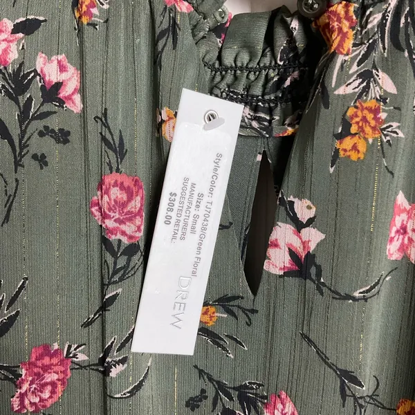 Drew Green Floral Long Sleeve Smocked Waist Dress‎ Size Small - Image 5
