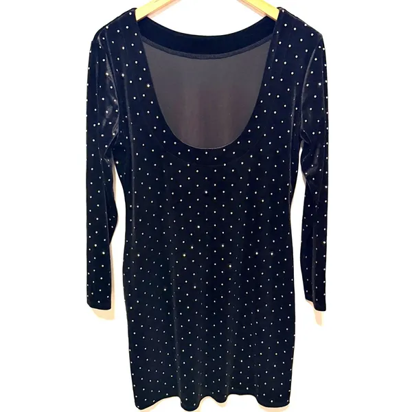 H&M Bodycon Dress Sz L Black Velvet Rhinestone Studded Scoop Back Mini - Image 2