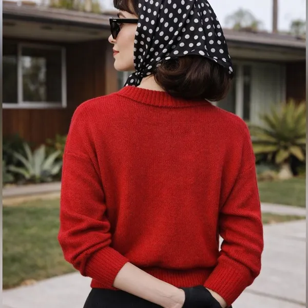 80s Vintage Red Angora Silk Sweater M Cable Knit Pearl Buttons Retro Twee Preppy - Image 2