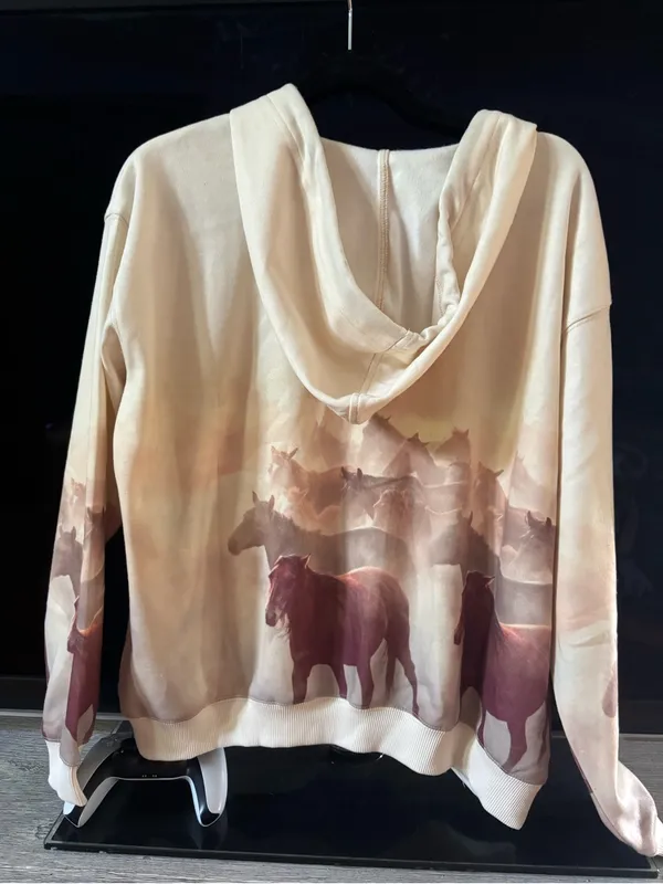 Shyanne Cream & Brown Horse-Print Hooded V-Neck Pullover - Image 5